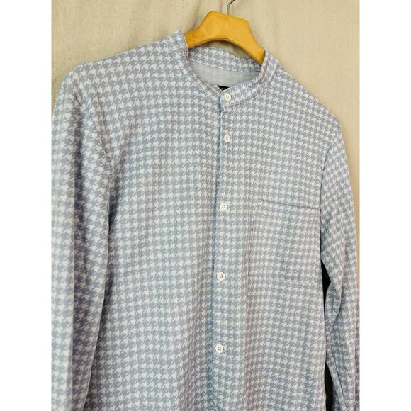 Boohoo Man Knit Button Down Top Men Large Blue White Houndstooth Academia Preppy - Picture 2 of 8